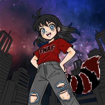 a girl with a shirt that says fnaf with a a fluffy tail with ripped jeans on