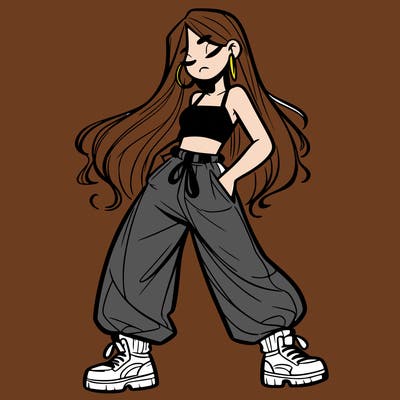 girl in baggy pants crop top and long hair