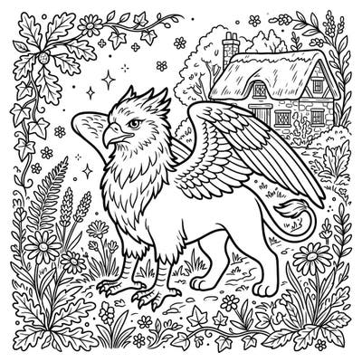 Unleash your creativity with this enchanting coloring page featuring a powerful griffin amidst a charming cottagecore landscape. Dive into a world of lush foliage, wildflowers, and rustic serenity.