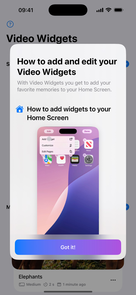 Tutorial-Popup, das erklärt, wie man Video-Widgets auf einem iPhone Home-Bildschirm hinzufügt und bearbeitet