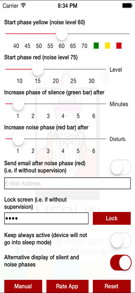 The settings screen of the app showing sliders to adjust noise levels for yellow and red alert phases.