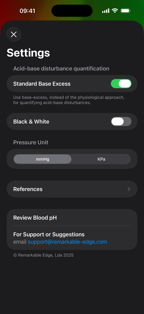 Blood pH - Settings screen for Blood pH app showing acid-base quantification options and pressure unit selection