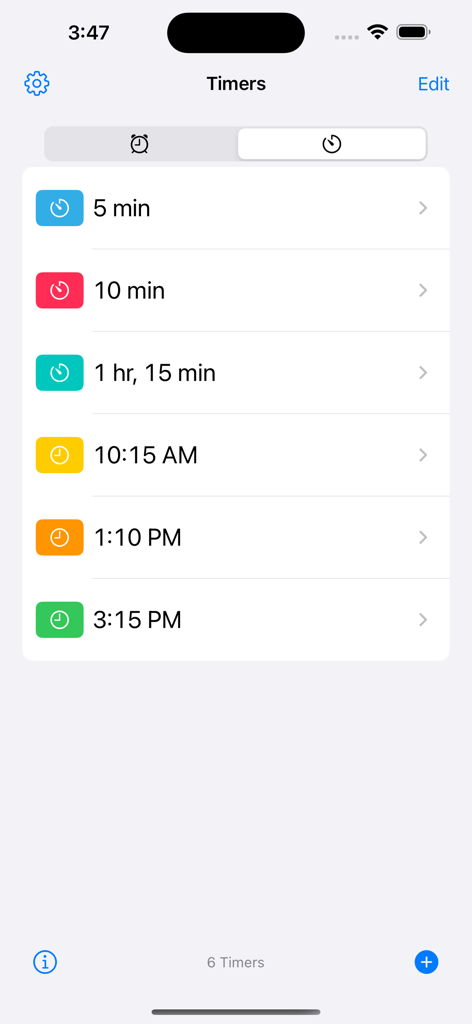 Interface showing a list of preset vibration-only timers and alarms with colorful icons.