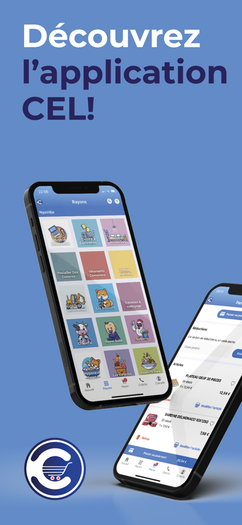 Comores En Ligne - Interface of the Comores En Ligne mobile app showing product categories and a shopping cart for international orders.