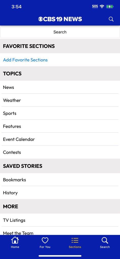 The sections menu of the CBS19 News Now app showing topics like news weather and sports