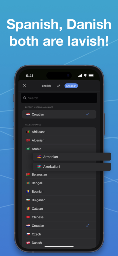 Snap Translator - Photo & AI - Snap Translatorの言語選択インターフェース。翻訳でサポートされているグローバル言語のリストが表示されている