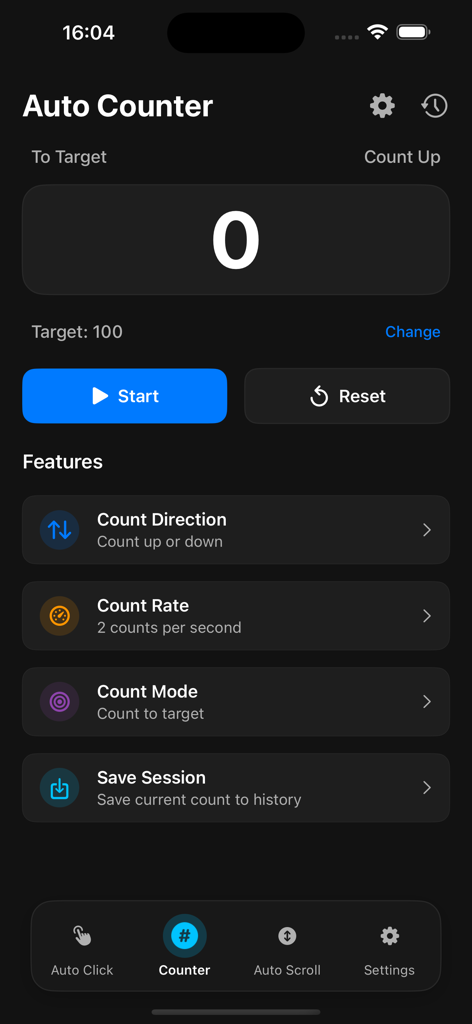 Auto Clicker Assistant TapStom - Interface of the Auto Counter feature in the TapStorm automation app