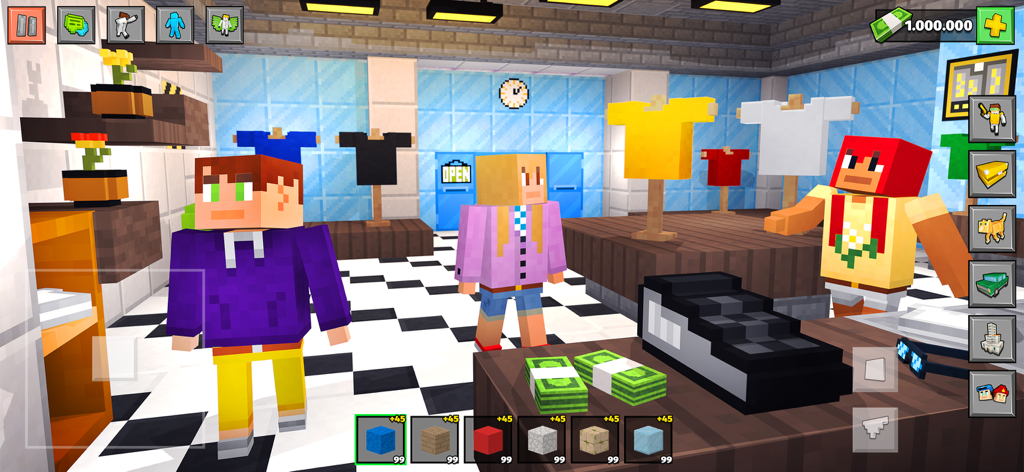 Block City 3D: Simulator Game - ブロック状の衣料品店にいる3人のピクセル化されたキャラクター。お金と商品がある。