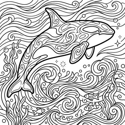 Immerse yourself in the beauty of the ocean with this captivating Orca coloring page. Featuring a magnificent killer whale surrounded by intricate waves and marine elements, it offers a rich and engaging artistic escape.