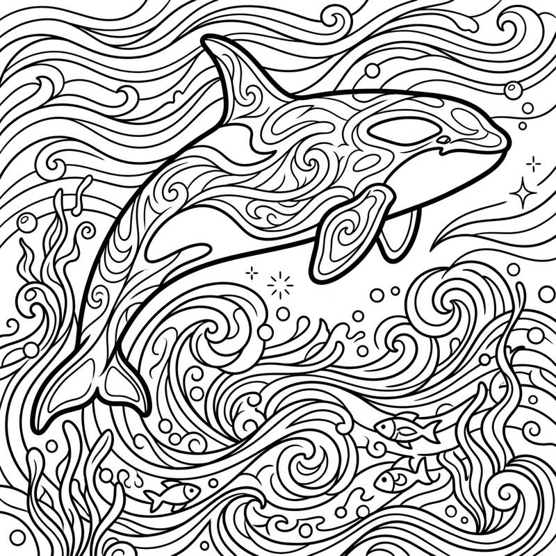 Immerse yourself in the beauty of the ocean with this captivating Orca coloring page. Featuring a magnificent killer whale surrounded by intricate waves and marine elements, it offers a rich and engaging artistic escape.