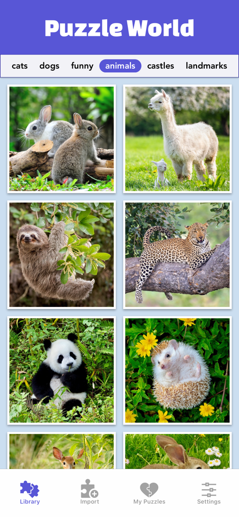 Una galería de puzles de animales en la aplicación Puzzle World que presenta un panda, un perezoso y un leopardo.