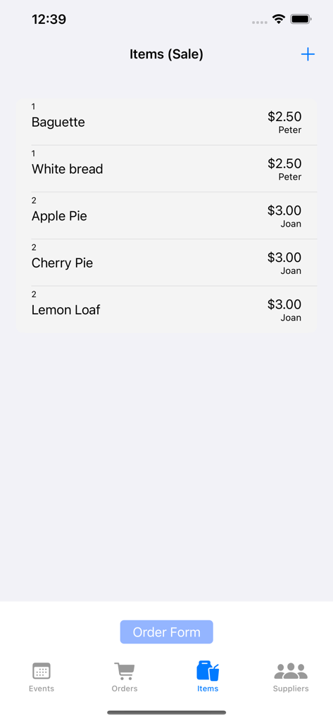 PreO - The Preorder Manager - Uma lista de itens de padaria à venda dentro do aplicativo PreO mostrando preços e fornecedores de itens como baguetes e tortas