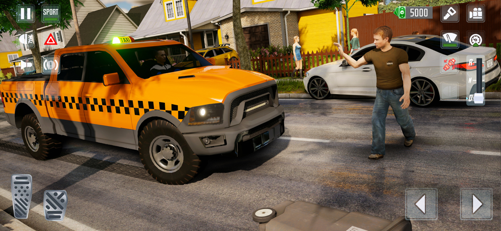 Taxi Car Simulator : EVO - A yellow pickup truck taxi being hailed by a pedestrian in a suburban neighborhood in Taxi Car Simulator EVO.