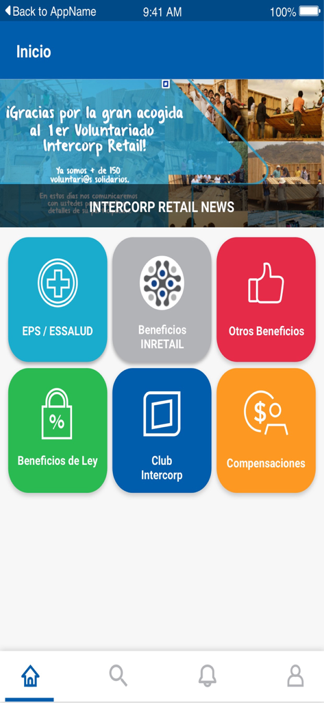 Tela inicial do app Intercorp Retail apresentando módulos de benefícios para colaboradores e seguro de saúde
