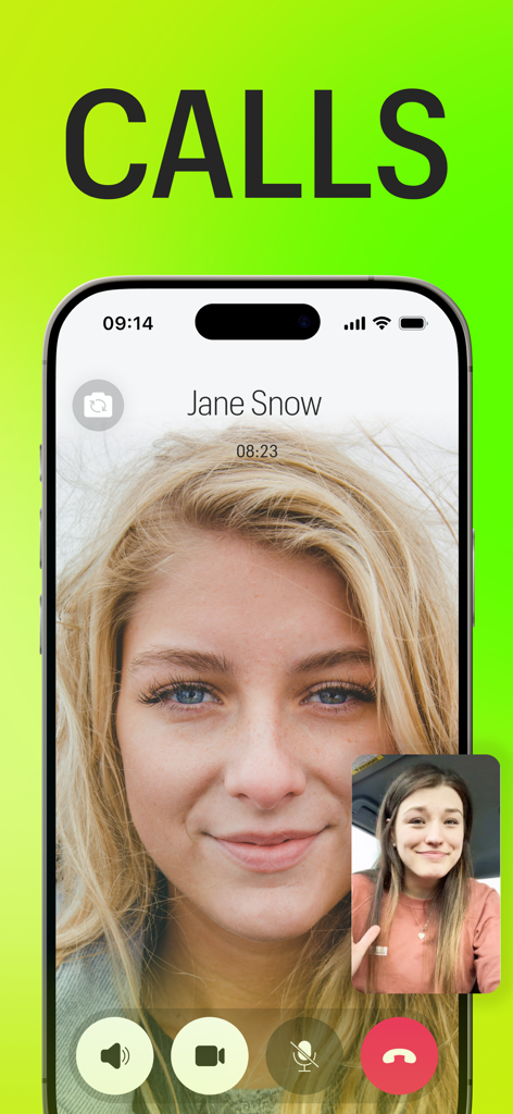 Meera: Geo-social network - Interfaccia di videochiamata nell'app Meera che mostra una conversazione da persona a persona.