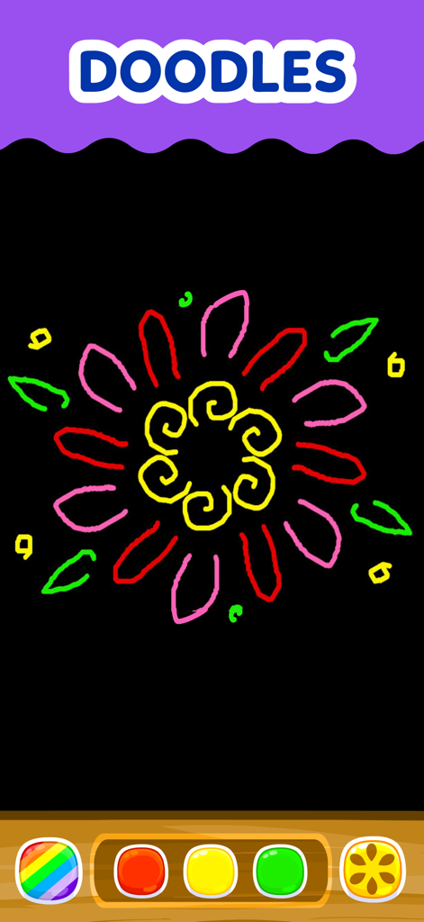 Coloring Games for Kids 2-6! - Kids coloring app interface showing a neon doodle mandala on a black background