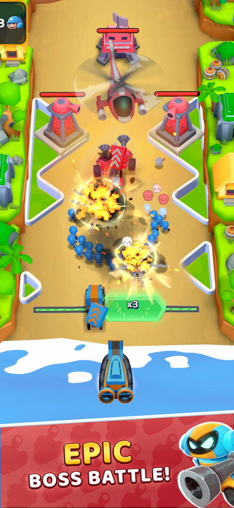 Grunt Rush: Battle & Conquer - Gameplay screenshot showing a blue army attacking red defensive towers and a helicopter during an epic boss battle.