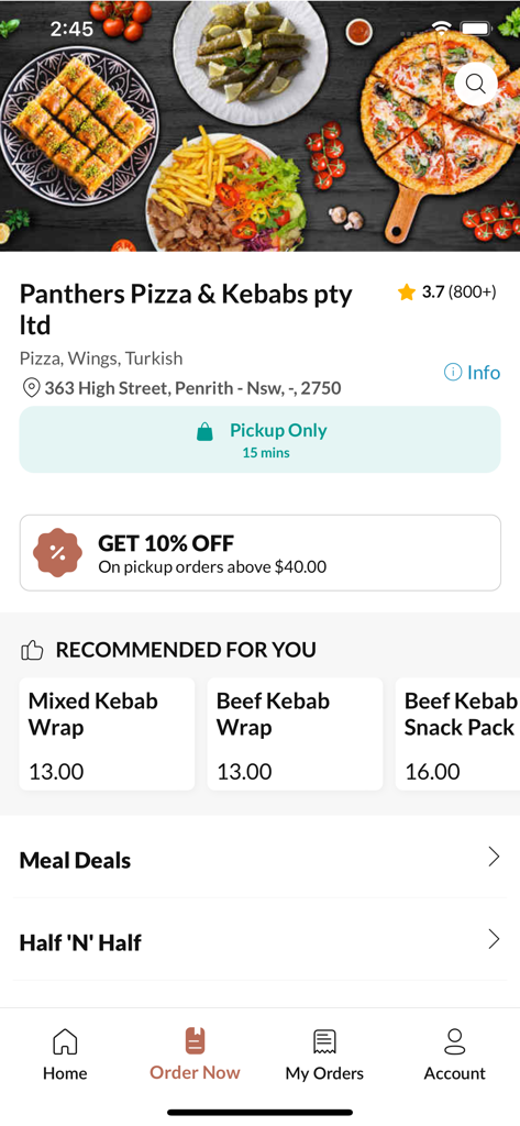 Panthers Pizza & Kebabs - Panthers Pizza and Kebabs mobile app interface featuring food menu and delivery options in Penrith