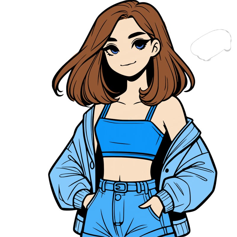a realistic girl with a crop top and short shorts in an open jacket