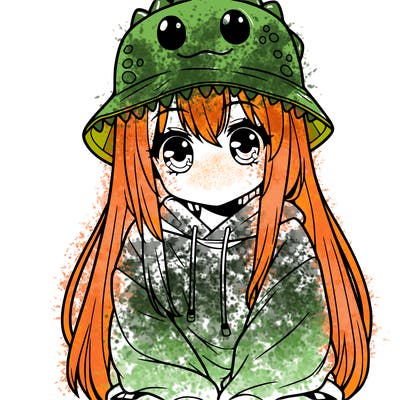 girl with anime shaped eyes with a dinosaur bucket hat oversized sweatshirt long straight hair