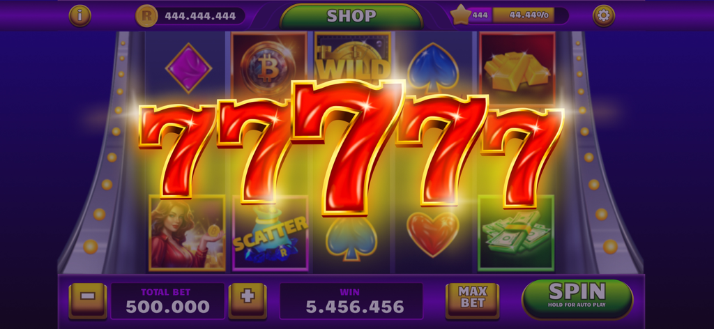 A big win screen on Mega Casino Fortune Slot featuring five glowing red sevens
