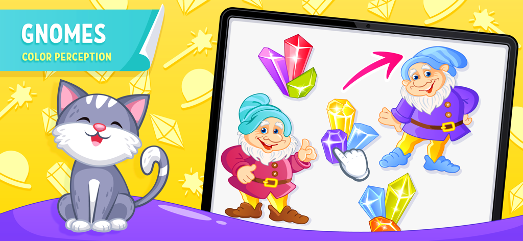 Brainy Kids app color perception game featuring gnomes and crystal matching