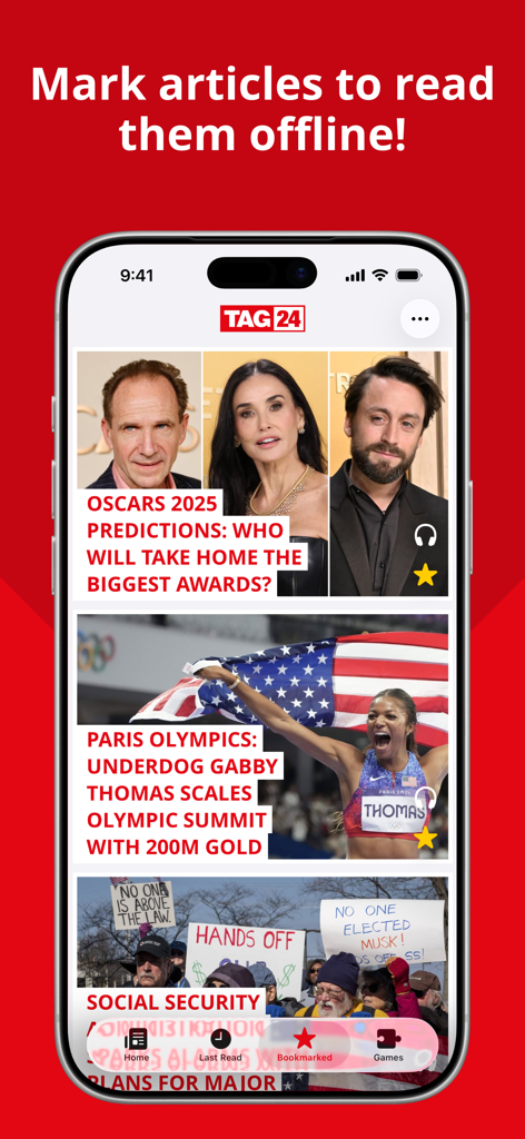 TAG24 NEWS - TAG24 news app interface showing bookmarked articles for offline reading.