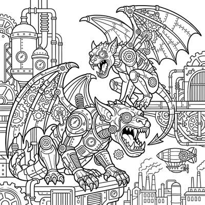 Discover a unique coloring experience with these magnificent fanged steampunk gargoyles, blending ancient mythical beasts with intricate Victorian machinery. This detailed artwork transports you to a fantastical industrial landscape, ready for your creative touch.