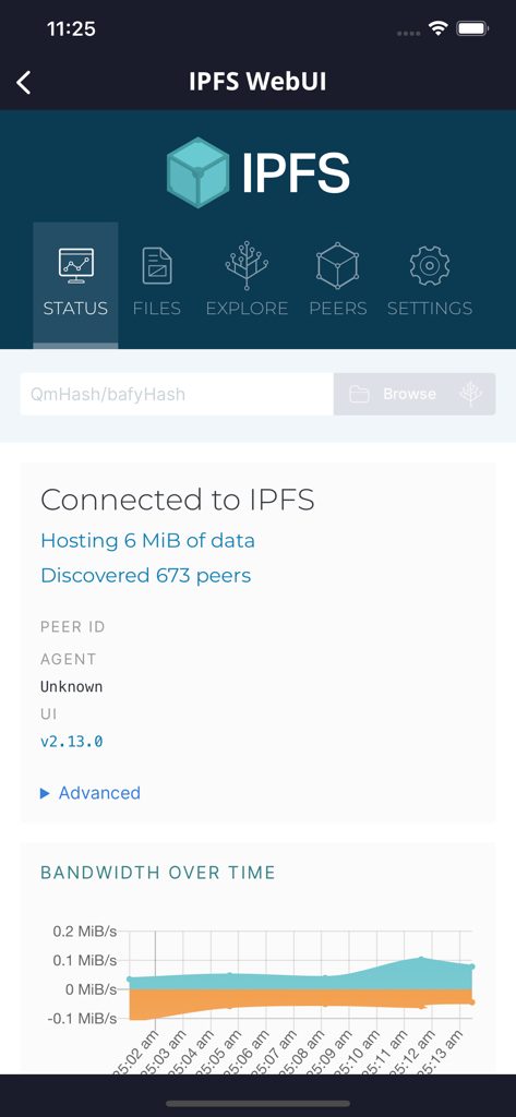 Captura de pantalla de la aplicación Berty Labs que muestra el panel de estado de la WebUI de IPFS con ancho de banda de red y conexiones de pares.