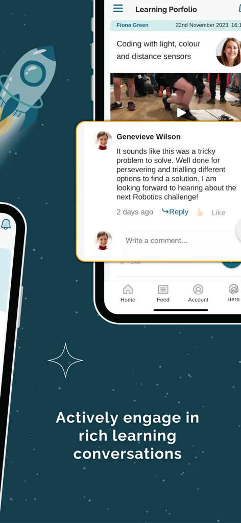 Hero by LINC-ED - Interface of the Hero app showing a teacher providing positive feedback on a student's digital portfolio entry within a learning conversation thread.