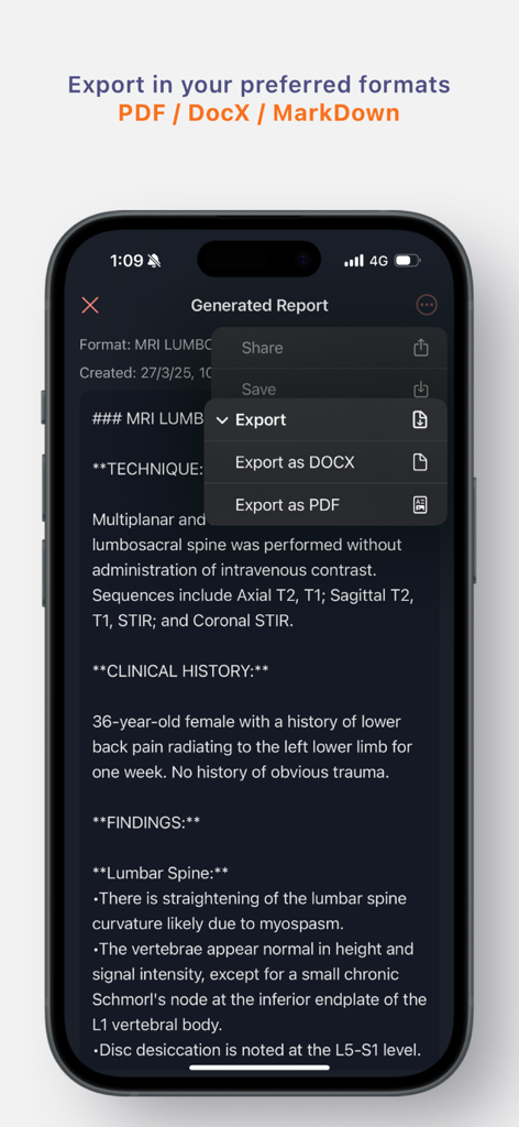 TextRad app interface showing a generated MRI report with export options for PDF and DOCX formats
