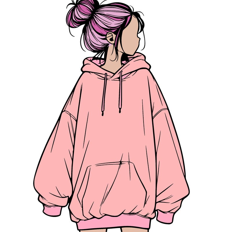 realistic girl with a oversized sweatshirt on and a bun