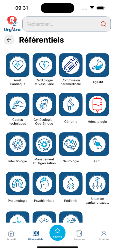 Urg-Ara - Urg-Ara app interface showing icons for various emergency medical protocols