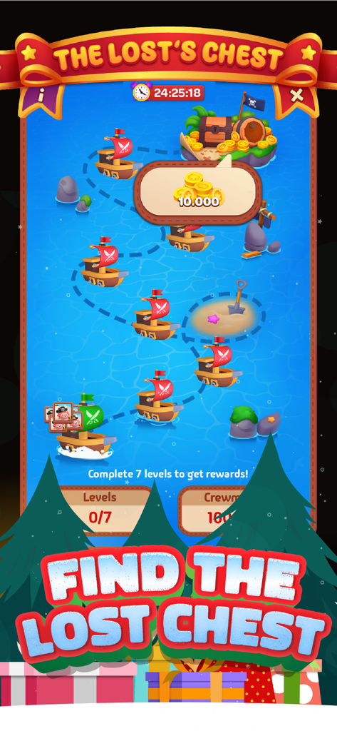 Triple Minded: 3D Sorting Game - Triple Minded 3D Sorting Game Lost Chest event map showing pirate-themed level progression and treasure rewards