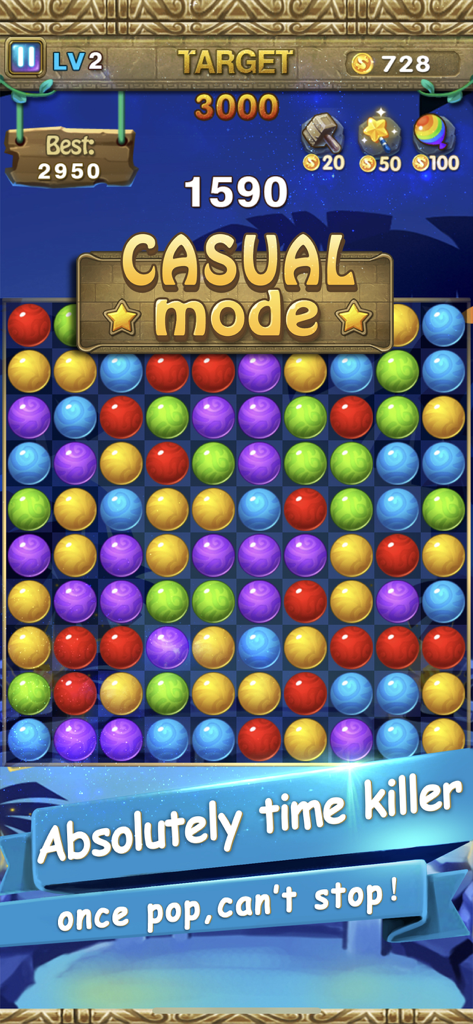 Bubble Breaker mobile game screenshot showing casual mode interface with a grid of colorful bubbles