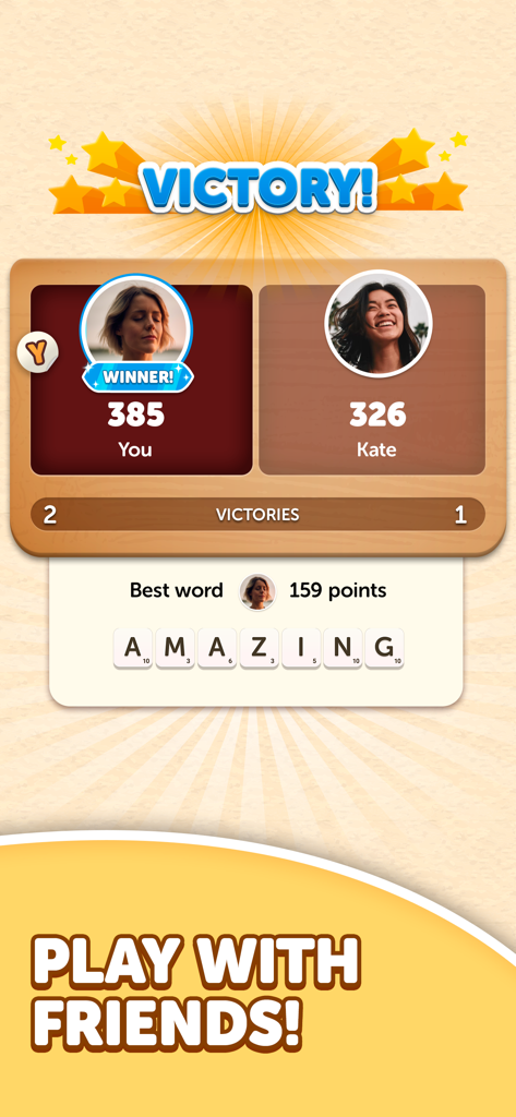 Victory screen showing match results and a high scoring word in Word Yatzy