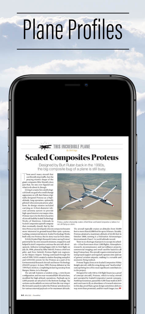 Pantalla de smartphone que muestra un artículo de la revista Plane and Pilot sobre la aeronave Proteus de Scaled Composites