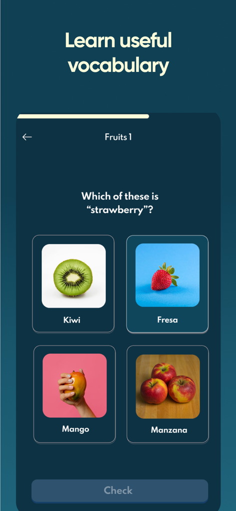 Interfaz de la aplicación Jumpspeak que muestra un cuestionario de vocabulario de español sobre frutas.