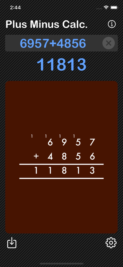 Plus Minus Calculator - Cálculo de adição vertical mostrando etapas de transporte passo a passo no aplicativo Calculadora Mais Menos