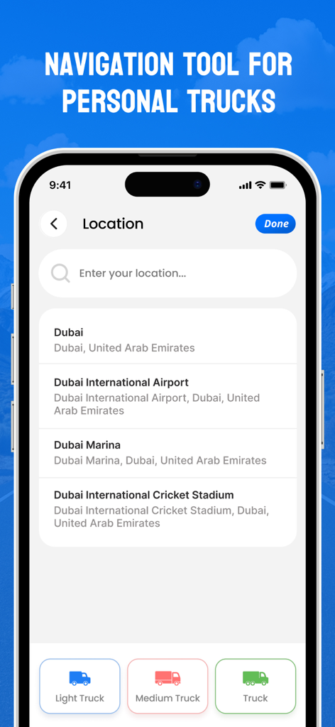 TruckMap.AI - Truck GPS Routes - Interface de l'application TruckMap.AI montrant la recherche de lieu et la sélection du type de véhicule pour le routage de camions