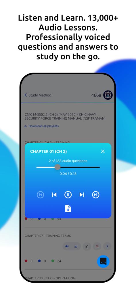 Bluejacketeer - The Bluejacketeer mobile app interface showing its audio study mode with Navy training manual lessons