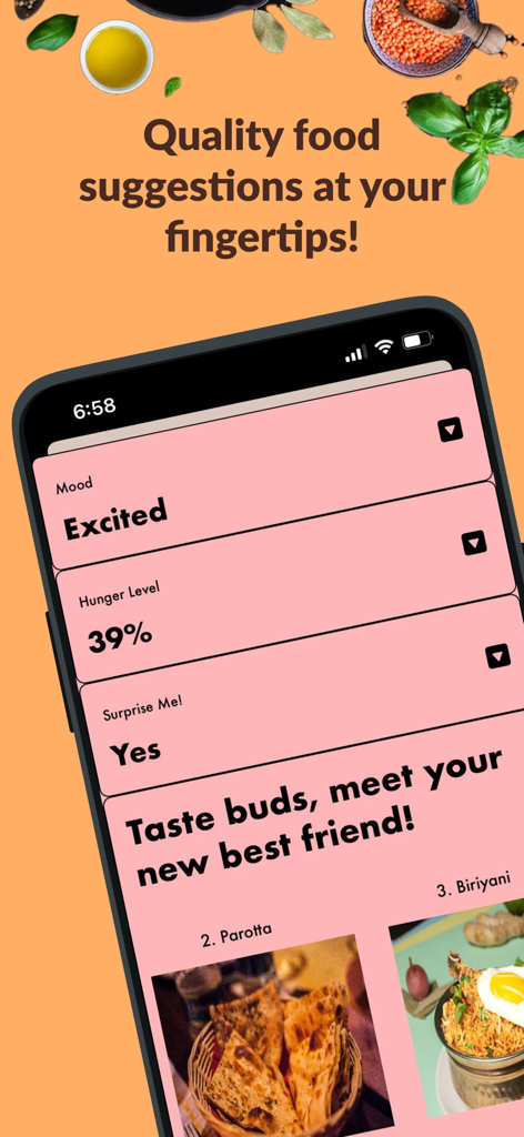 CocoTree: AI food suggestions - Interfaz de la app móvil CocoTree mostrando recomendaciones de comida personalizadas basadas en el estado de ánimo y el nivel de hambre del usuario