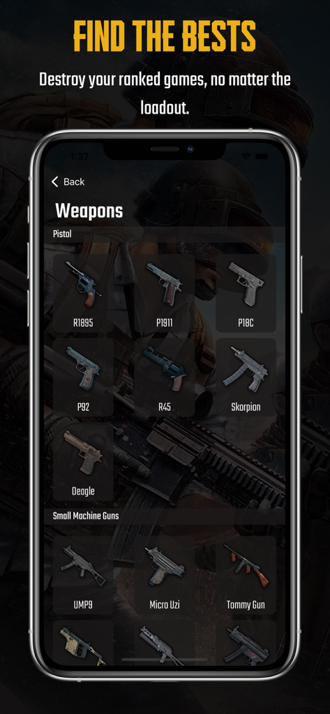 Guide & Stat for PUBG NewState - Un menú de armas en la aplicación de guía de PUBG New State que muestra categorías para pistolas y subfusiles con varios iconos de armas.