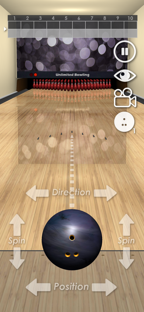 Unlimited Bowling - Unlimited Bowling mobile game screenshot showing a 100 pin challenge and ball control arrows for spin direction and position