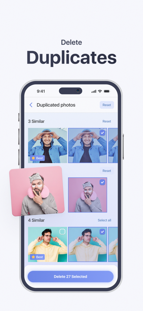 Interface of Pure Cleanup app showing sets of similar photos with AI-selected best versions and a delete button