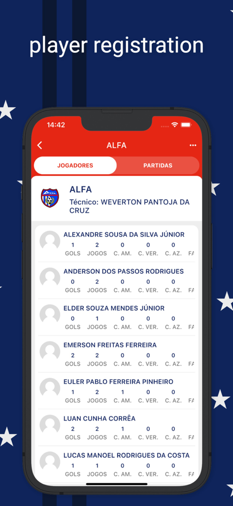 Mobile app screen showing a list of registered players and their tournament statistics