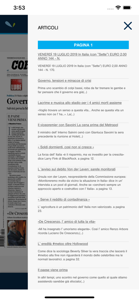 Digital newsstand article headlines in the VoloEasyReader mobile app