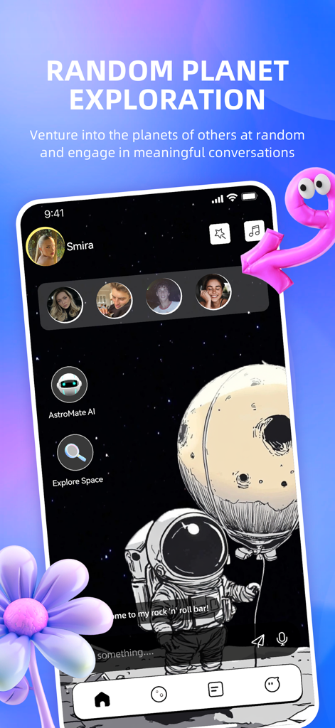 Smira app interface showing the random planet exploration feature with a space theme and user profiles
