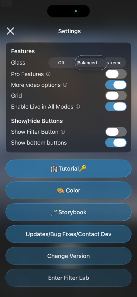 Settings screen of the Unsharp app showing various photography and video feature toggles