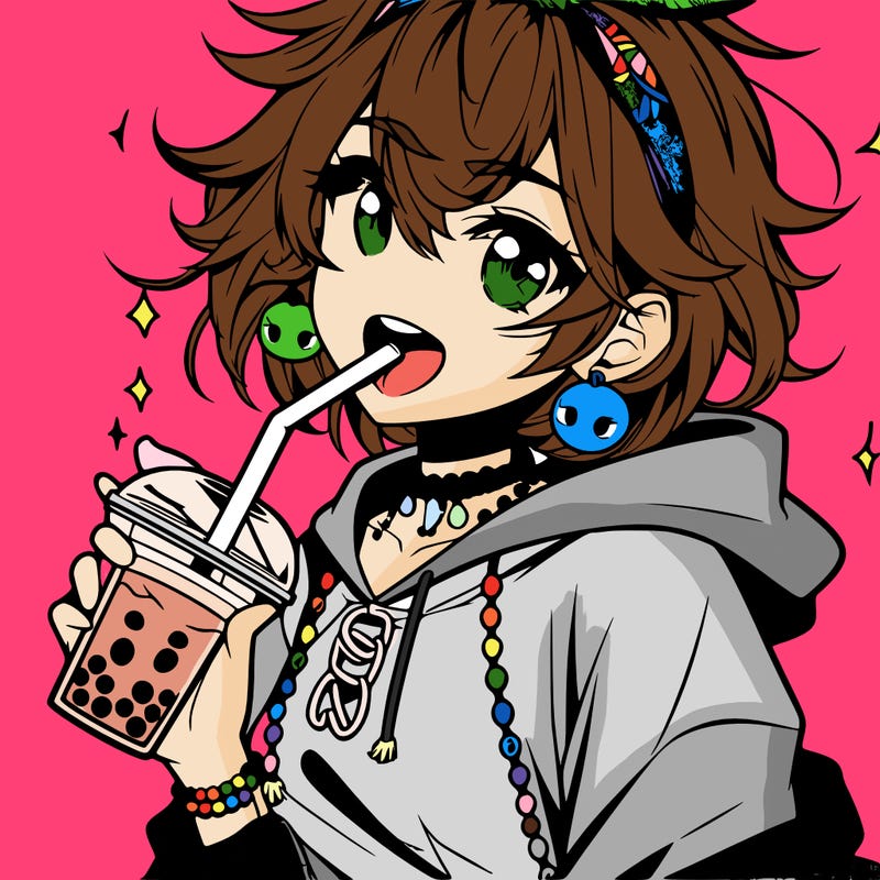 hot baddie anime girl drinking boba and biting the straw